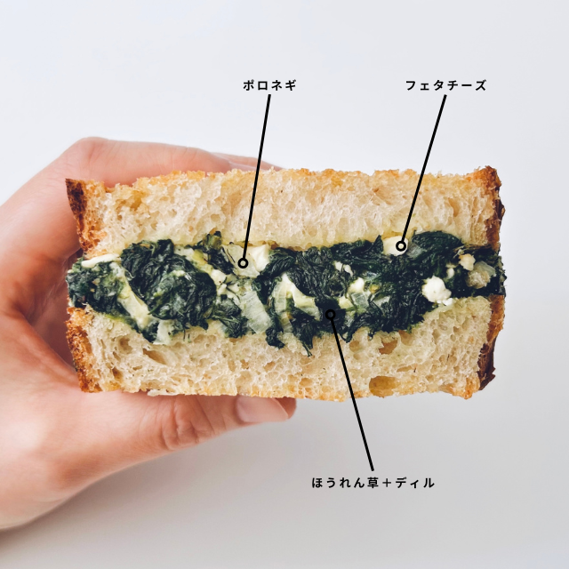 スパナコピタ風サンドイッチ（ほうれん草とフェタチーズのサンドイッチ）